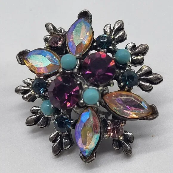 VTG Cluster AB and Pink/Purple Rhinestones Clip On Earrings Blue Accent Beads - Picture 5 of 9